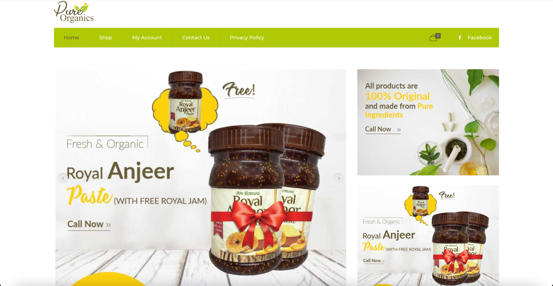 PureOrganics eCommerce website showing product pages